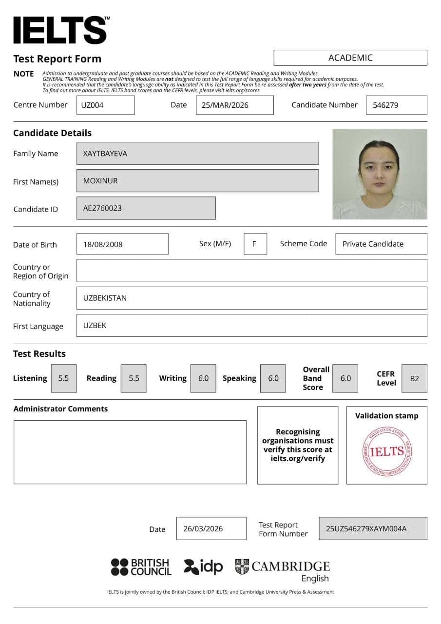 Xaytbayeva Moxinur — IELTS B2