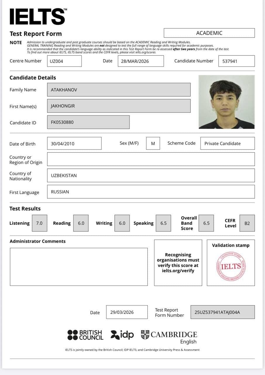 Atakhanov Jakhongir — IELTS B2